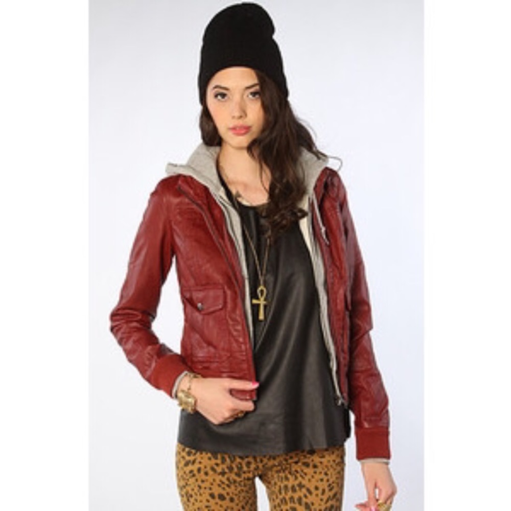 Obey Dark Red Faux Leather Bomber Jacket